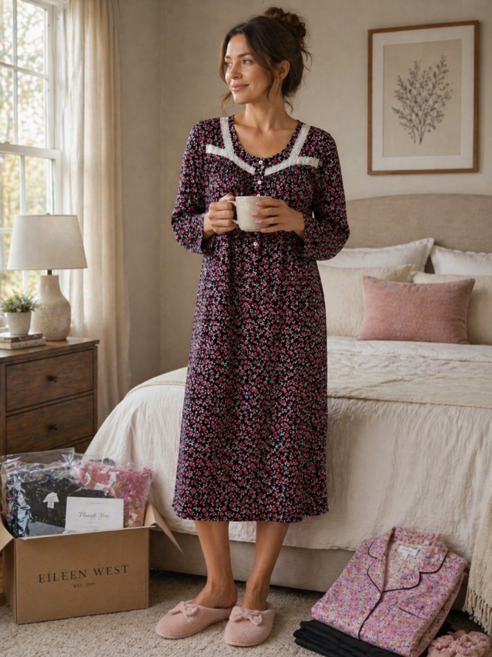 Eileen West Floral Flannel Nightgown XL Lace Trim Cotton Modal